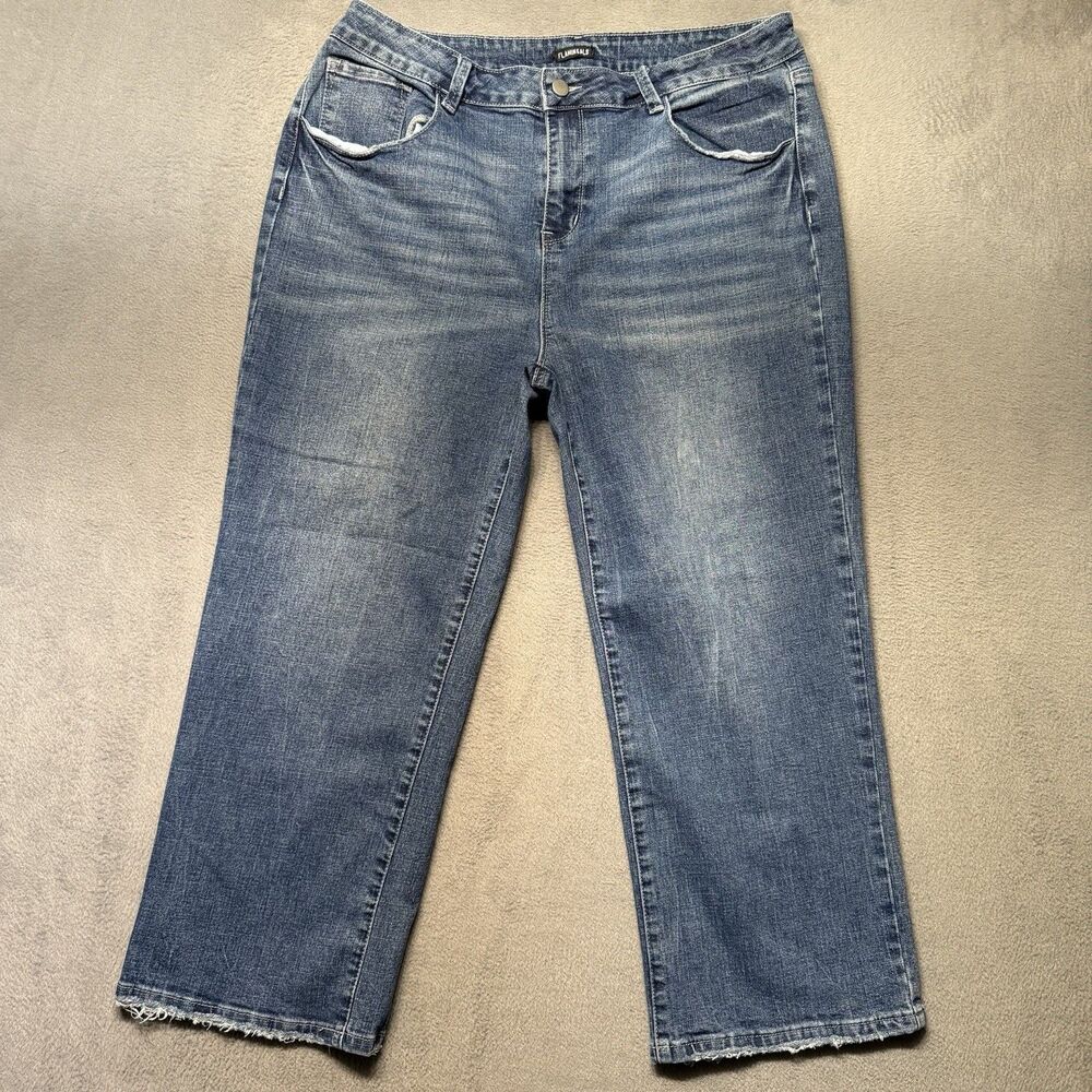 Flamingals Women 3XL Jeans Blue High Rise Wide Leg Cropped Raw Hem Stretch Denim
